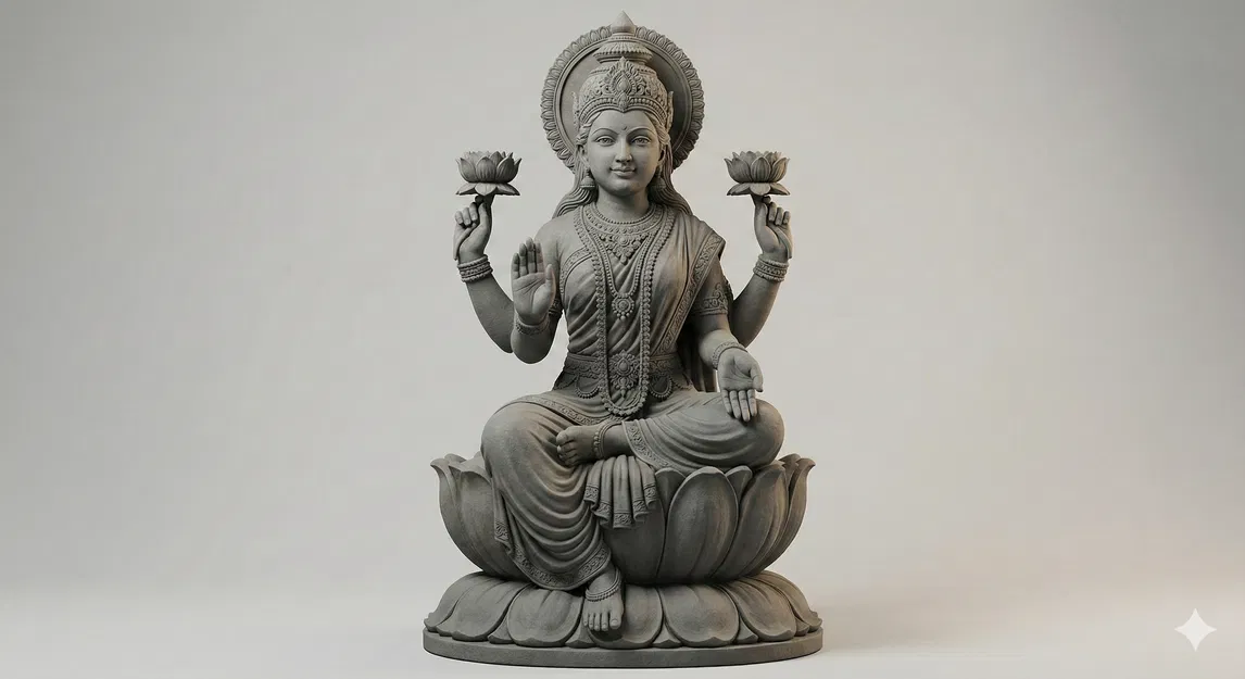 Tượng 3D Nữ Thần Lakshmi (Mahalakshmi) trên Tòa Sen – Chi tiết cao, in được - Image 1