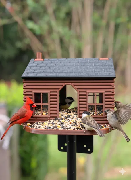 Máng ăn chim nhà gỗ Log Cabin Birder, in không cần support - Image 1