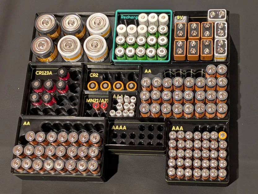 Hộp pin Gridfinity xếp chồng cho pin trụ & 9V (AA/AAA/AAAA/C/D/CR2/CR123/MN21/A23) - Image 1