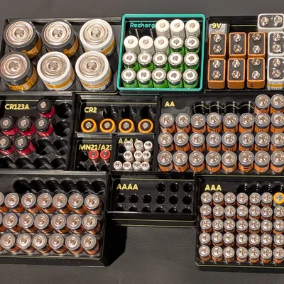 Hộp pin Gridfinity xếp chồng cho pin trụ & 9V (AA/AAA/AAAA/C/D/CR2/CR123/MN21/A23)