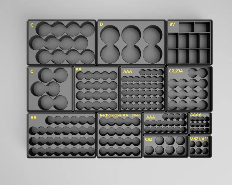 Hộp pin Gridfinity xếp chồng cho pin trụ & 9V (AA/AAA/AAAA/C/D/CR2/CR123/MN21/A23) - Image 2