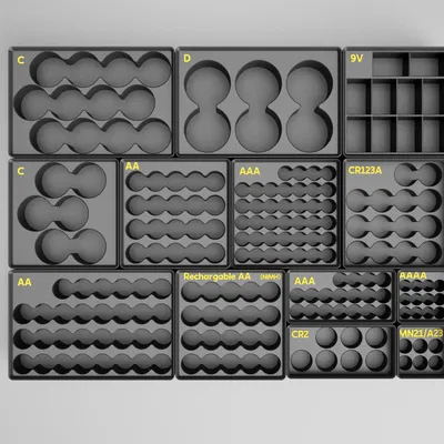 Hộp pin Gridfinity xếp chồng cho pin trụ & 9V (AA/AAA/AAAA/C/D/CR2/CR123/MN21/A23)