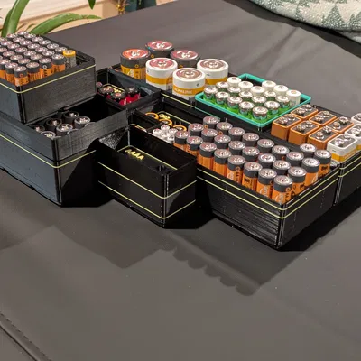 Hộp pin Gridfinity xếp chồng cho pin trụ & 9V (AA/AAA/AAAA/C/D/CR2/CR123/MN21/A23)