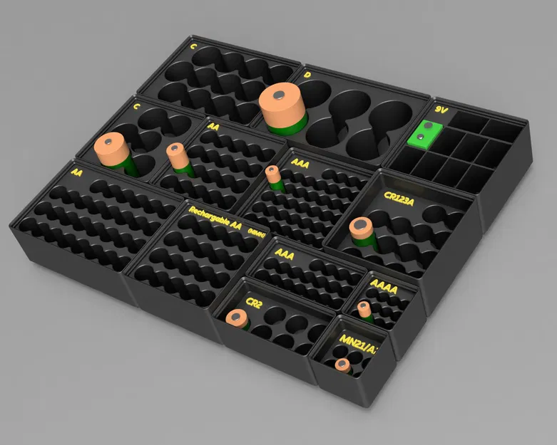 Hộp pin Gridfinity xếp chồng cho pin trụ & 9V (AA/AAA/AAAA/C/D/CR2/CR123/MN21/A23) - Image 4