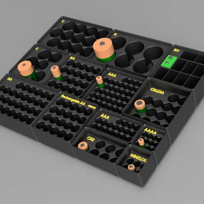 Hộp pin Gridfinity xếp chồng cho pin trụ & 9V (AA/AAA/AAAA/C/D/CR2/CR123/MN21/A23)