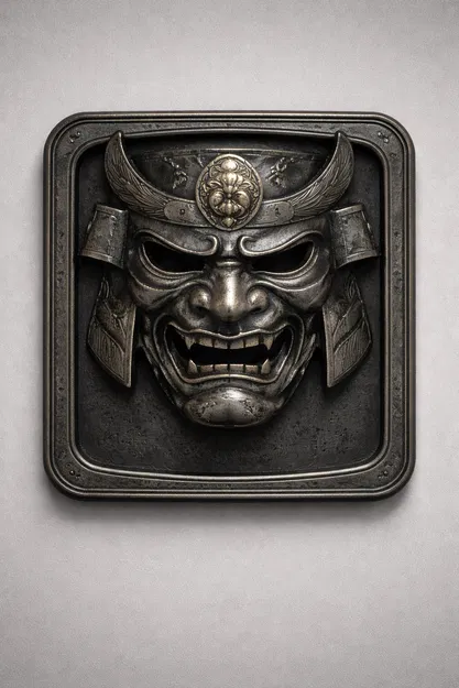 Bảng Treo Tường Mặt Nạ Samurai Menpō Có Khung (Bas-Relief 1 Mảnh) – 1 Tấm - Image 1