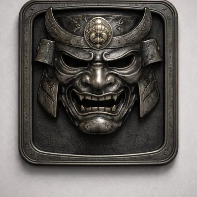 Bảng Treo Tường Mặt Nạ Samurai Menpō Có Khung (Bas-Relief 1 Mảnh) – 1 Tấm