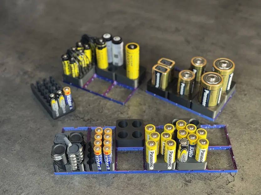 Khay Pin Gridfinity (AAAA/AAA/AA/USB‑C AA/9V/C/D, SR44/LR44/CR2025/CR2032, 18650/21700) - Image 1