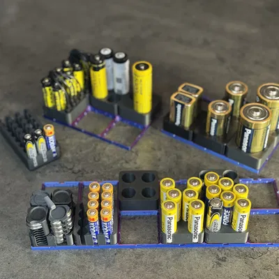 Khay Pin Gridfinity (AAAA/AAA/AA/USB‑C AA/9V/C/D, SR44/LR44/CR2025/CR2032, 18650/21700)