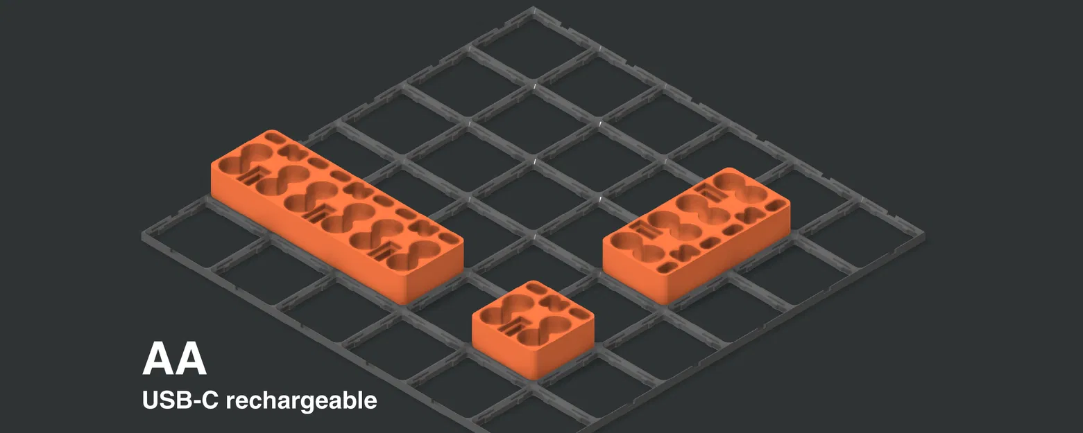Khay Pin Gridfinity (AAAA/AAA/AA/USB‑C AA/9V/C/D, SR44/LR44/CR2025/CR2032, 18650/21700) - Image 11