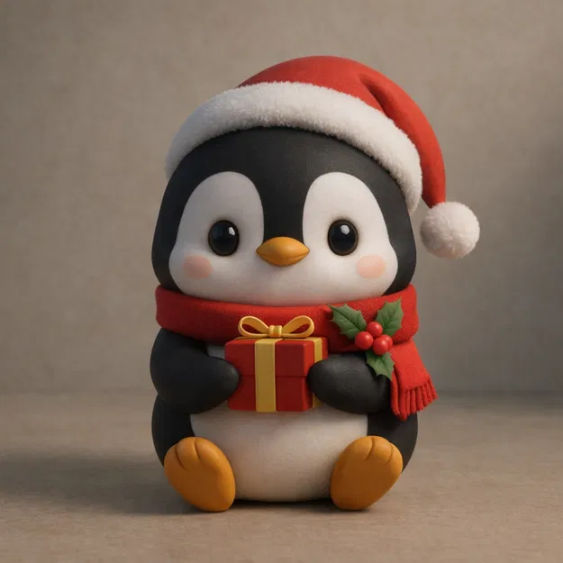 Chim Cánh Cụt Giáng Sinh Dễ Thương Ôm Quà (Mũ Santa & Khăn Choàng) - Image 1