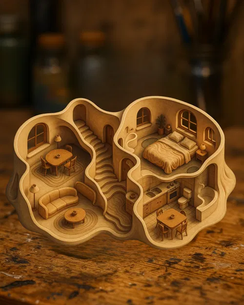 Diorama Nhà Búp Bê Organic – Nội Thất Điêu Khắc Với Kiến Trúc Uốn Lượn - Image 1