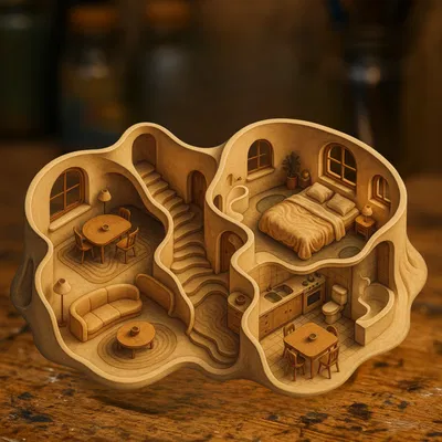 Diorama Nhà Búp Bê Organic – Nội Thất Điêu Khắc Với Kiến Trúc Uốn Lượn