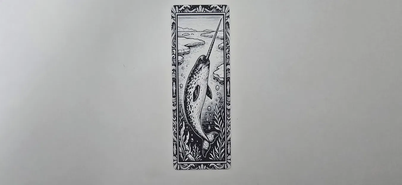 Dấu trang nghệ thuật biển Kỳ lân biển (Narwhal) đen trắng - Image 1
