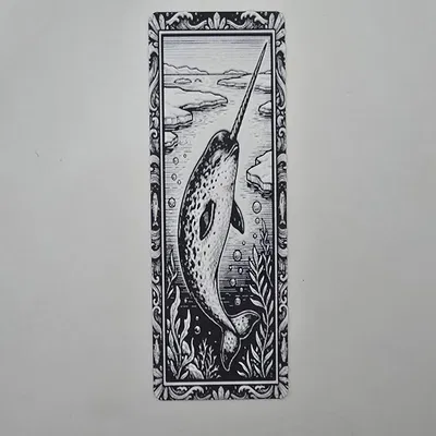 Dấu trang nghệ thuật biển Kỳ lân biển (Narwhal) đen trắng