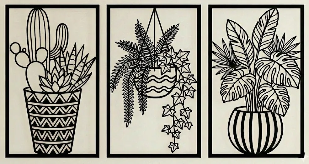 Tranh treo tường Xương rồng & Sen đá | Chậu hình học | Bộ cây Boho - Image 1