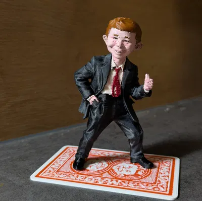 Tượng Alfred E Neuman đứng trên thẻ MAD
