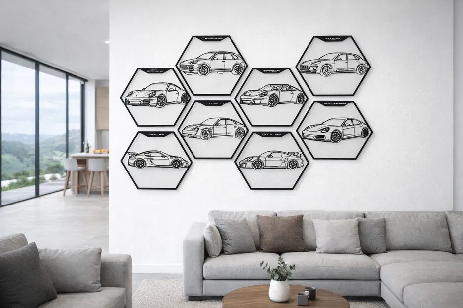 Bộ tranh tường lục giác lineup Porsche – Hexagon Wall Art - Image 1