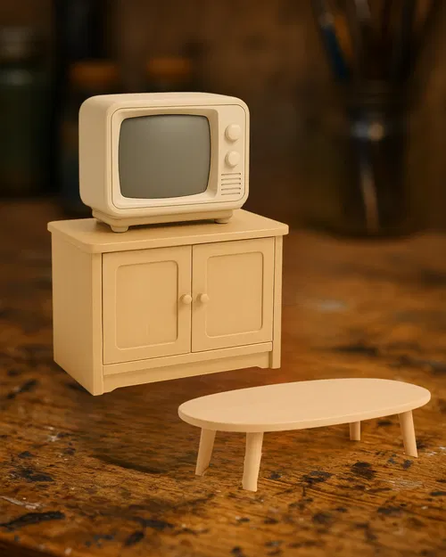 Bộ TV Retro Mini kèm Tủ Gỗ và Bàn Cà Phê - Image 1