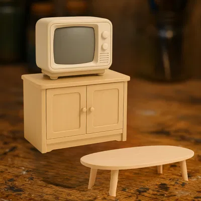 Bộ TV Retro Mini kèm Tủ Gỗ và Bàn Cà Phê