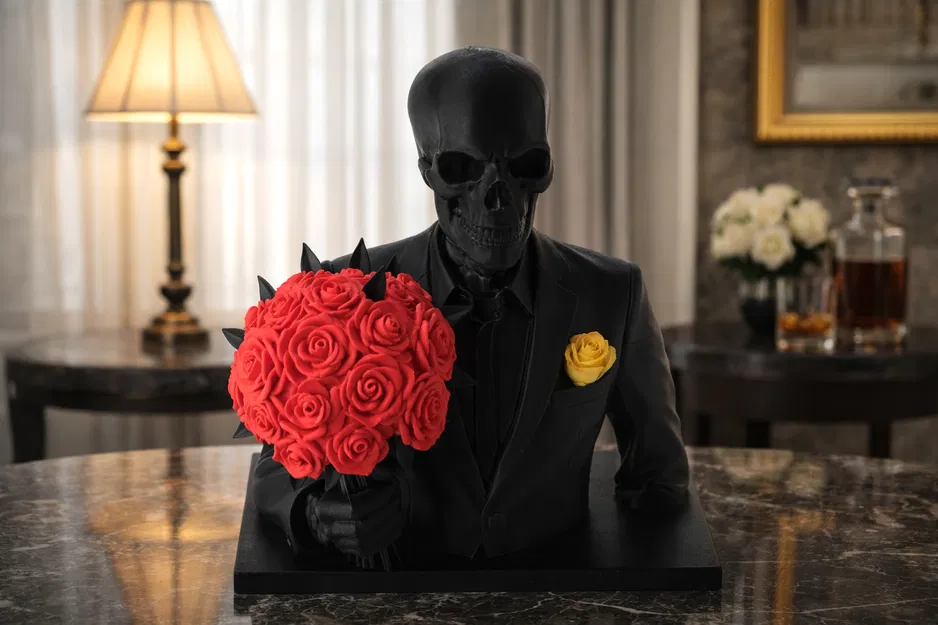 Tượng Bán Thân Bộ Xương Thanh Lịch Cầm Hoa Hồng - Image 1