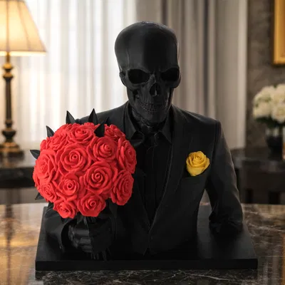 Tượng Bán Thân Bộ Xương Thanh Lịch Cầm Hoa Hồng