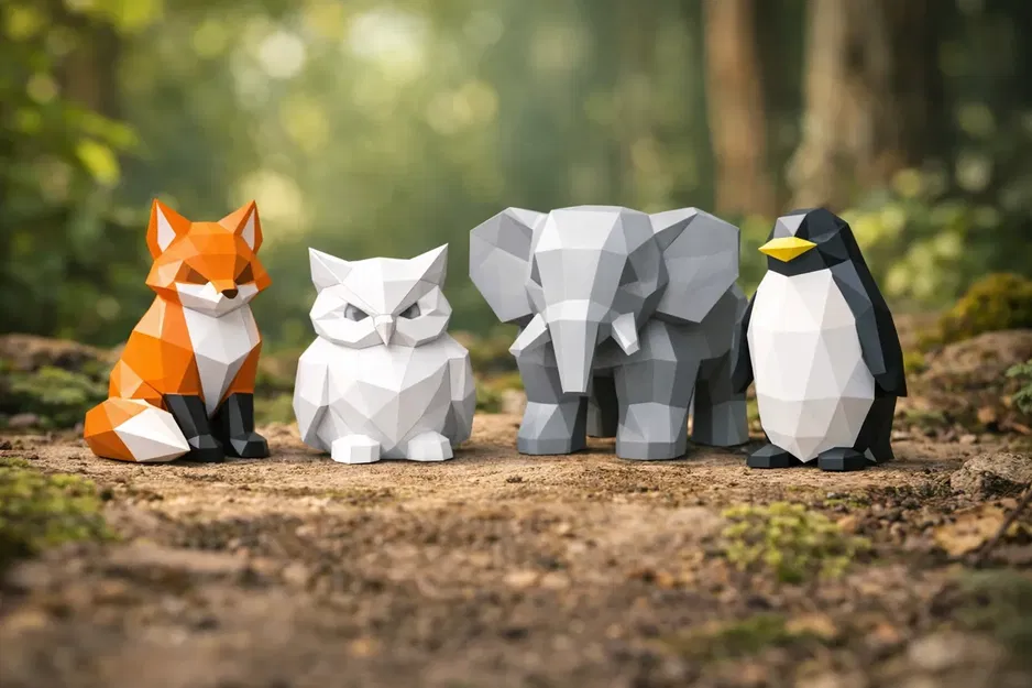 Bộ Thú Low Poly – Cáo, Cú, Voi & Chim Cánh Cụt | In 3D Dễ - Image 1