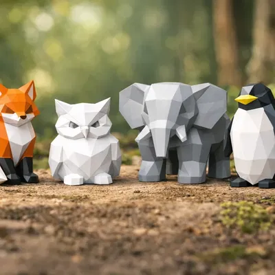 Bộ Thú Low Poly – Cáo, Cú, Voi & Chim Cánh Cụt | In 3D Dễ