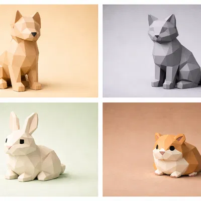 Bộ Low Poly Pets Set – Chó, Mèo, Thỏ & Hamster hình học tối giản