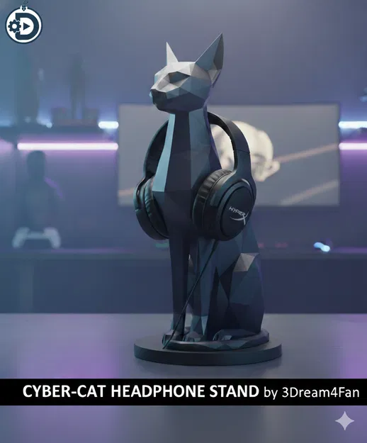 Cyber-Cat: Stand Low-Poly cho Headset & Phụ Kiện (Bastet Cyber) - Image 1