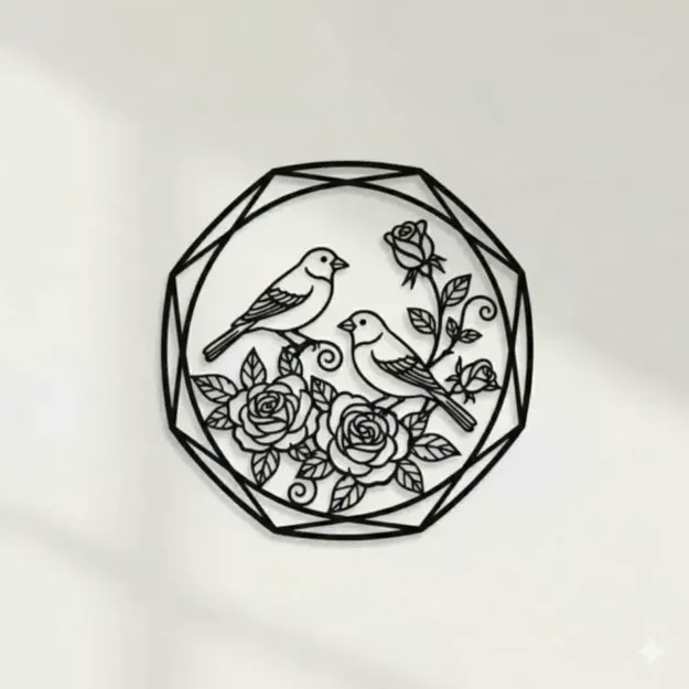 Chim sẻ (Sparrow) treo tường – hoạ tiết hoa hồng & lá - Image 1