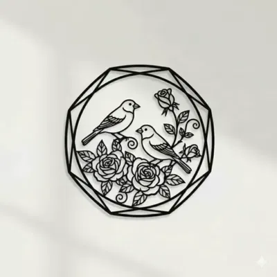 Chim sẻ (Sparrow) treo tường – hoạ tiết hoa hồng & lá