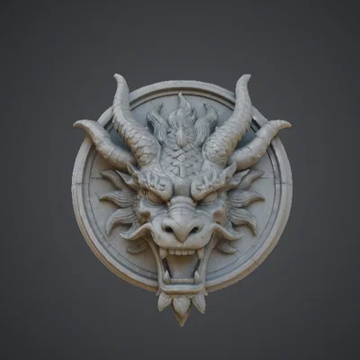 Huy Hiệu Tường Rồng – Phù Điêu Đầu Rồng Có Sừng Fantasy