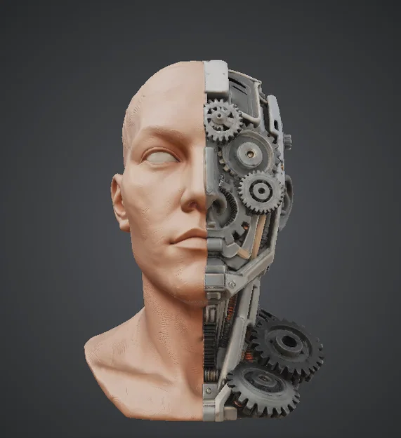 Tượng Bán Thân Nửa Người Nửa Máy – Khuôn Mặt Chia Đôi Cybernetic Sci‑Fi - Image 1