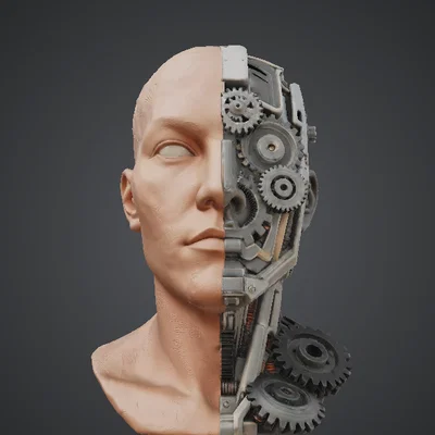 Tượng Bán Thân Nửa Người Nửa Máy – Khuôn Mặt Chia Đôi Cybernetic Sci‑Fi