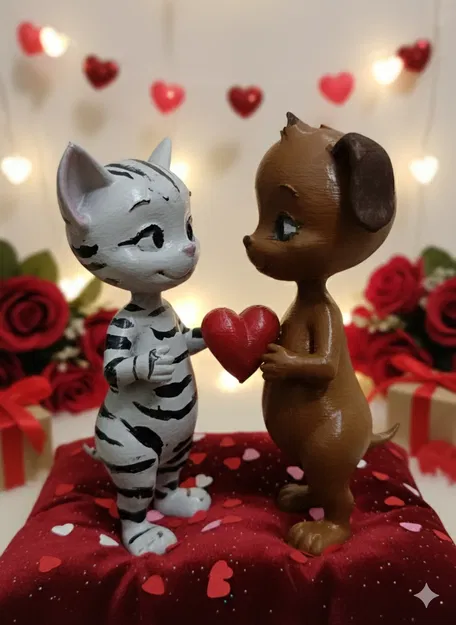 Mèo & Chó Valentine – Tượng Dễ Thương In 3D - Image 1