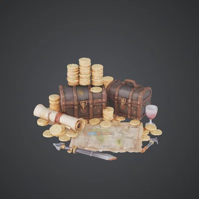 Cảnh Chiến Lợi Phẩm Rương Kho Báu – Vàng Xu, Bản Đồ & Vũ Khí Diorama