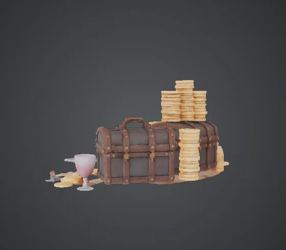 Cảnh Chiến Lợi Phẩm Rương Kho Báu – Vàng Xu, Bản Đồ & Vũ Khí Diorama - Image 2