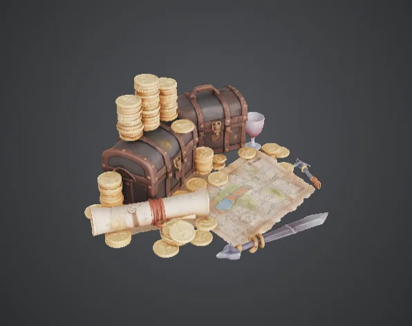 Cảnh Chiến Lợi Phẩm Rương Kho Báu – Vàng Xu, Bản Đồ & Vũ Khí Diorama - Image 3