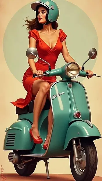 Cô Pin-Up trên xe scooter màu mint - Image 2