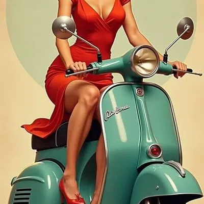 Cô Pin-Up trên xe scooter màu mint