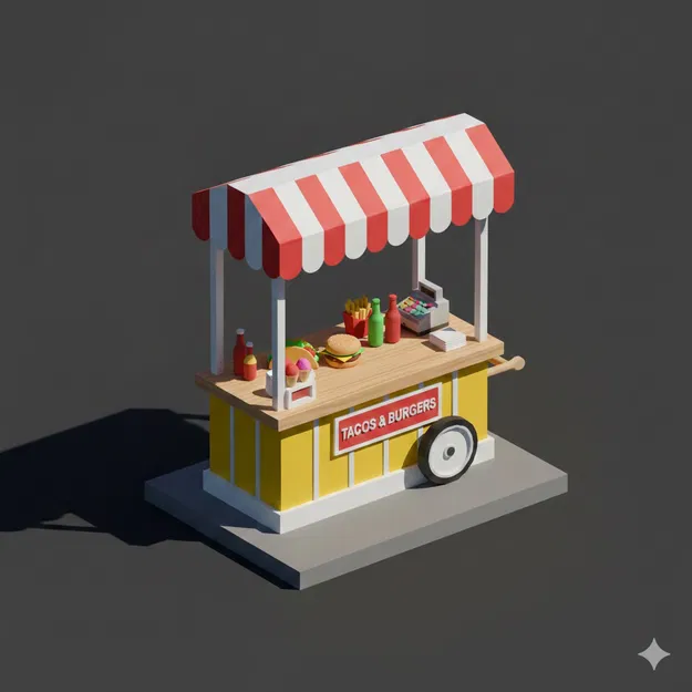 Xe đẩy bán đồ ăn đường phố Low Poly - Image 1