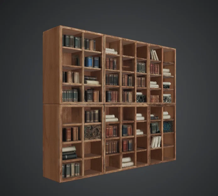 Tường Kệ Sách Gỗ Modular kèm Sách & Cuộn Giấy – Bối Cảnh Thư Viện - Image 1