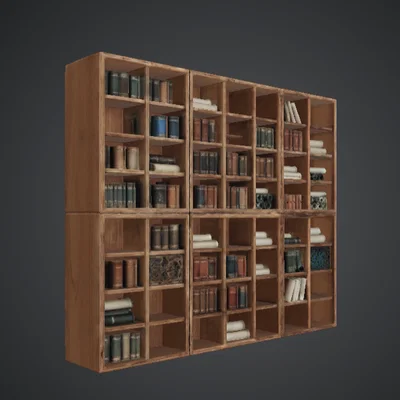 Tường Kệ Sách Gỗ Modular kèm Sách & Cuộn Giấy – Bối Cảnh Thư Viện