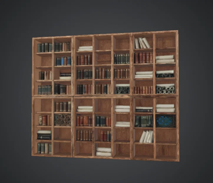 Tường Kệ Sách Gỗ Modular kèm Sách & Cuộn Giấy – Bối Cảnh Thư Viện - Image 2