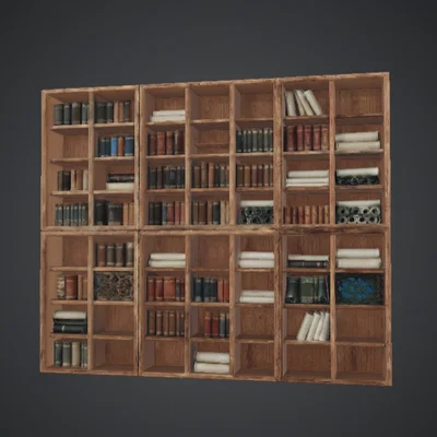 Tường Kệ Sách Gỗ Modular kèm Sách & Cuộn Giấy – Bối Cảnh Thư Viện
