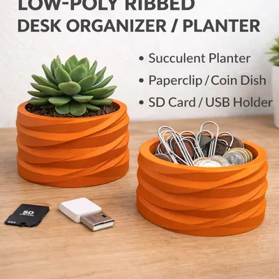 Ống trụ low-poly gân nổi: khay organizer để bàn / chậu succulent