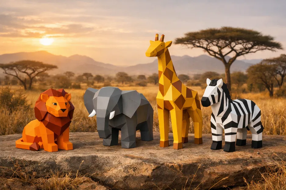 Bộ Thú Safari Abstract Minimal (Low Poly) – 4 Mẫu: Sư tử, Voi, Hươu cao cổ, Ngựa vằn - Image 1