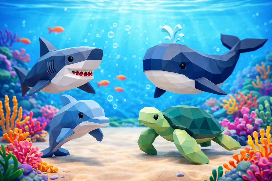 Bộ Thú Biển Tối Giản – Low Poly (Cá mập, Cá voi, Cá heo & Rùa biển) - Image 1
