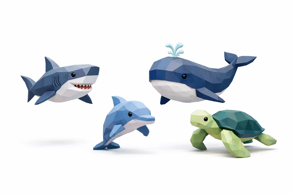 Bộ Thú Biển Tối Giản – Low Poly (Cá mập, Cá voi, Cá heo & Rùa biển) - Image 2